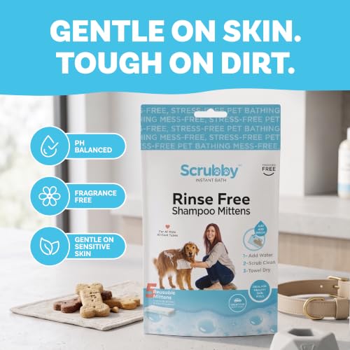 Scrubby Pet No Rinse Pet Wipes, Rinse Free Shampoo Mittens for Dogs and Cats, Bath Wipes for Bathing and Washing Pets, Hypoallergenic No Rinse Wash Mitt for Grooming, Lather Wipe Dry