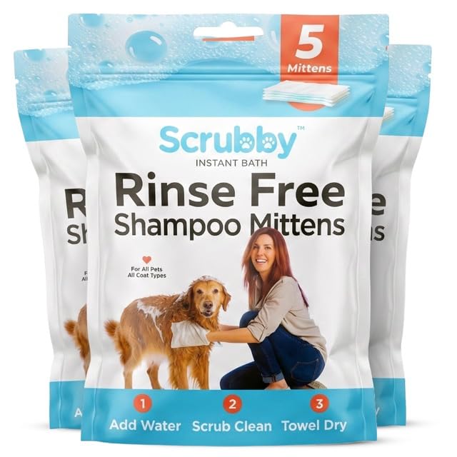 Scrubby Pet No Rinse Pet Wipes, Rinse Free Shampoo Mittens for Dogs and Cats, Bath Wipes for Bathing and Washing Pets, Hypoallergenic No Rinse Wash Mitt for Grooming, Lather Wipe Dry