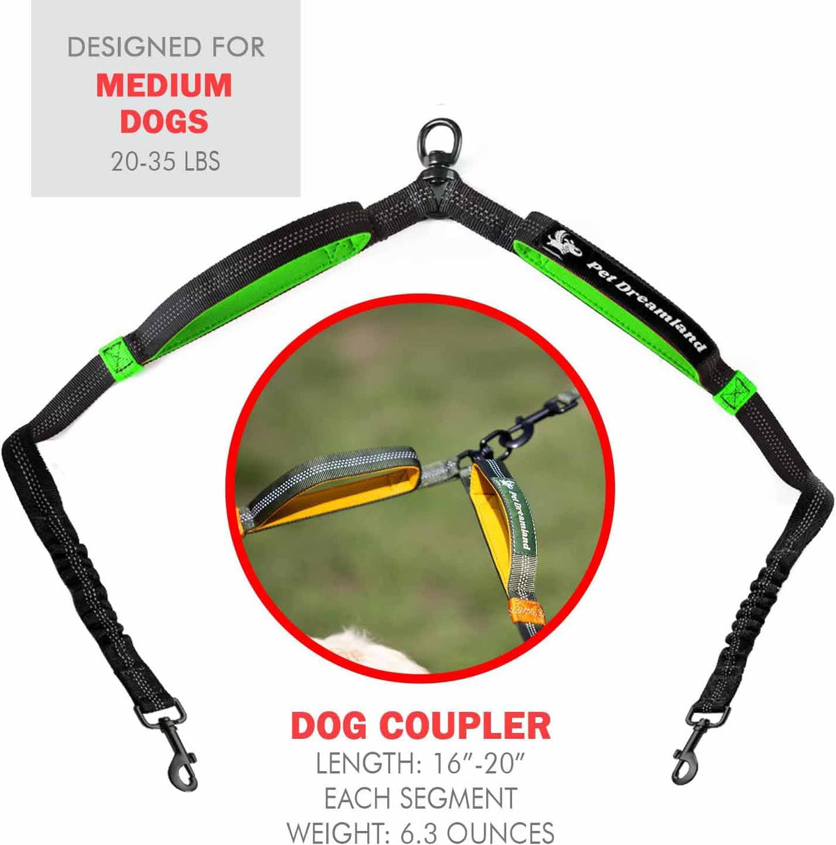 Pet Dreamland Exquisite Double Dog Leash Coupler for Two Large Dogs No Tangle. Comfortable Dual Dog Attachment for Walking Two Dogs. You Will Absolutely Love the Amazing Tangle-Free Swivel