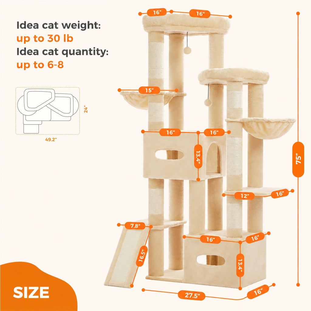 MUTTROS 75" Tall Cat Tree Tower for Large Indoor Cats
