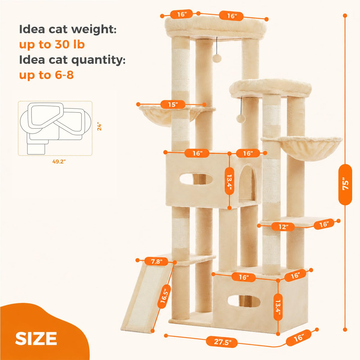 MUTTROS 75" Tall Cat Tree Tower for Large Indoor Cats