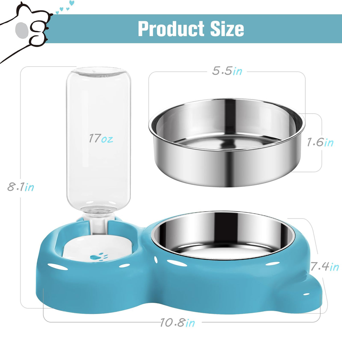 Azwraith Dog Bowls, Cat Food and Water Bowl Set with Water Dispenser and Stainless Steel Bowl for Cats and Small Dogs
