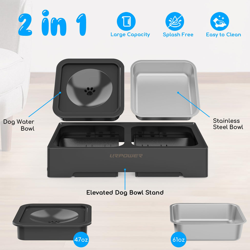 URPOWER 2-in-1 Elevated Slow Feeder Dog Bowls with No-Spill Water Bowl