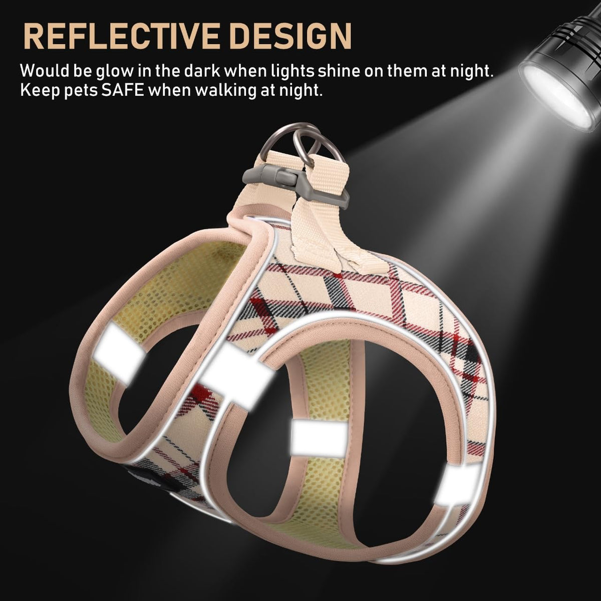 GAMUDA Small Pet Harness Collar and Leash Set, Step in No Chock No Pull Soft Mesh Adjustable Dog Vest Harnesses Plaid Reflective for Dogs Puppy Cats Kitten Rabbit