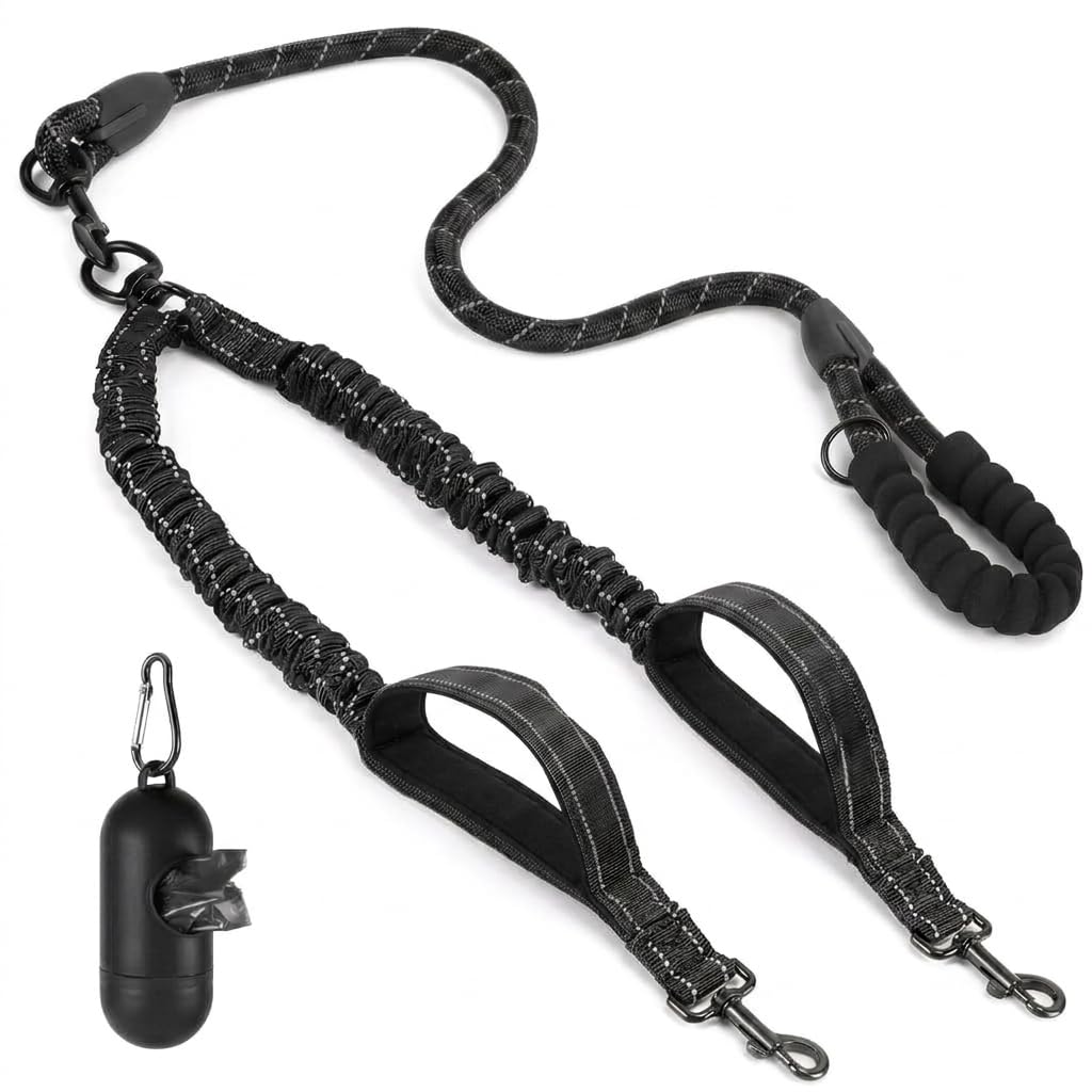 Double Dog Leash, Reflective Shock Absorbing Bungee for 2 Dogs