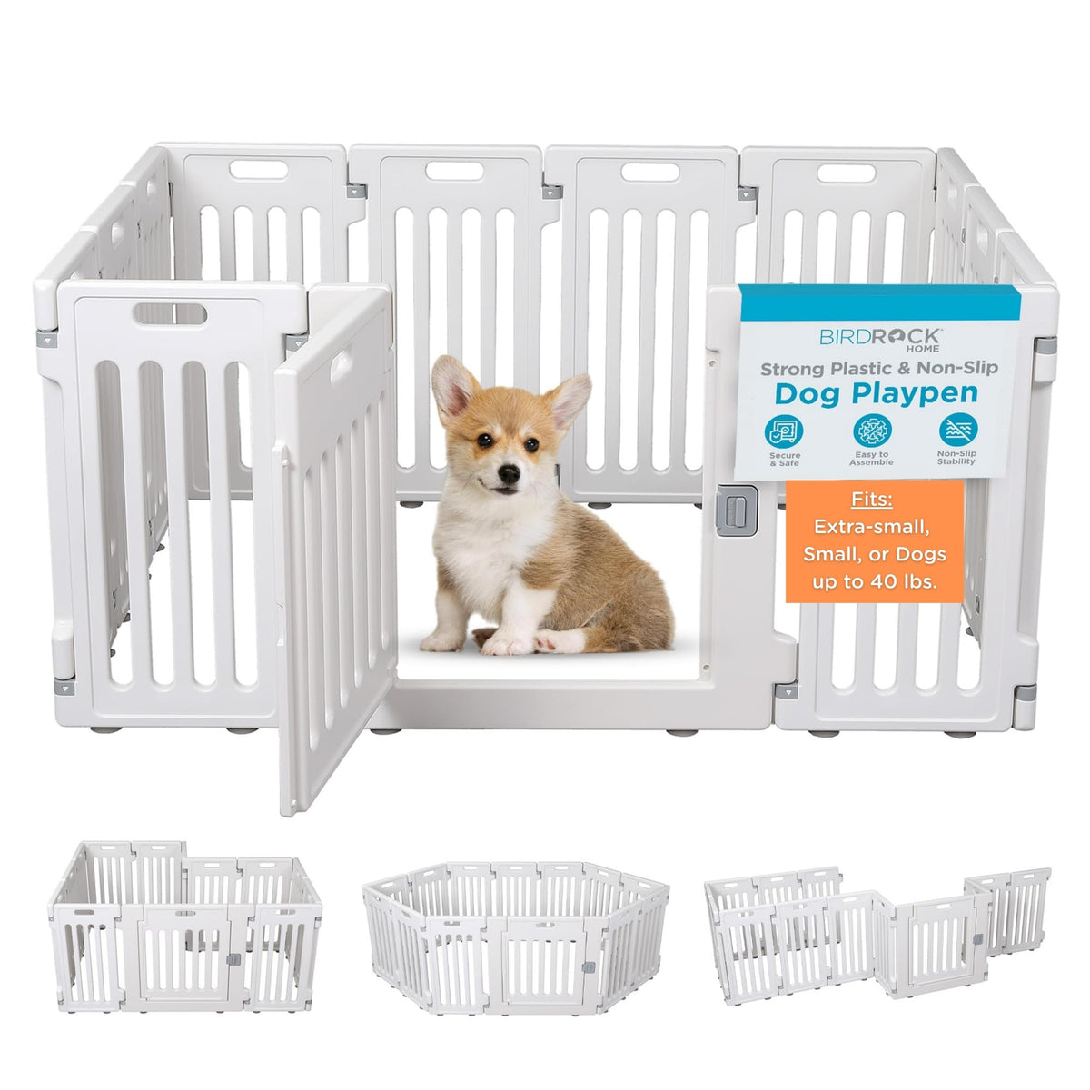 BIRDROCK HOME Dog Playpen w/Door, 12 Panel, 25.6in H | Strong Plastic, Non-Slip Puppy Playpen, Secure Pet Gate | Indoor Outdoor Fence | Configurable Panels | Small to Medium Pets