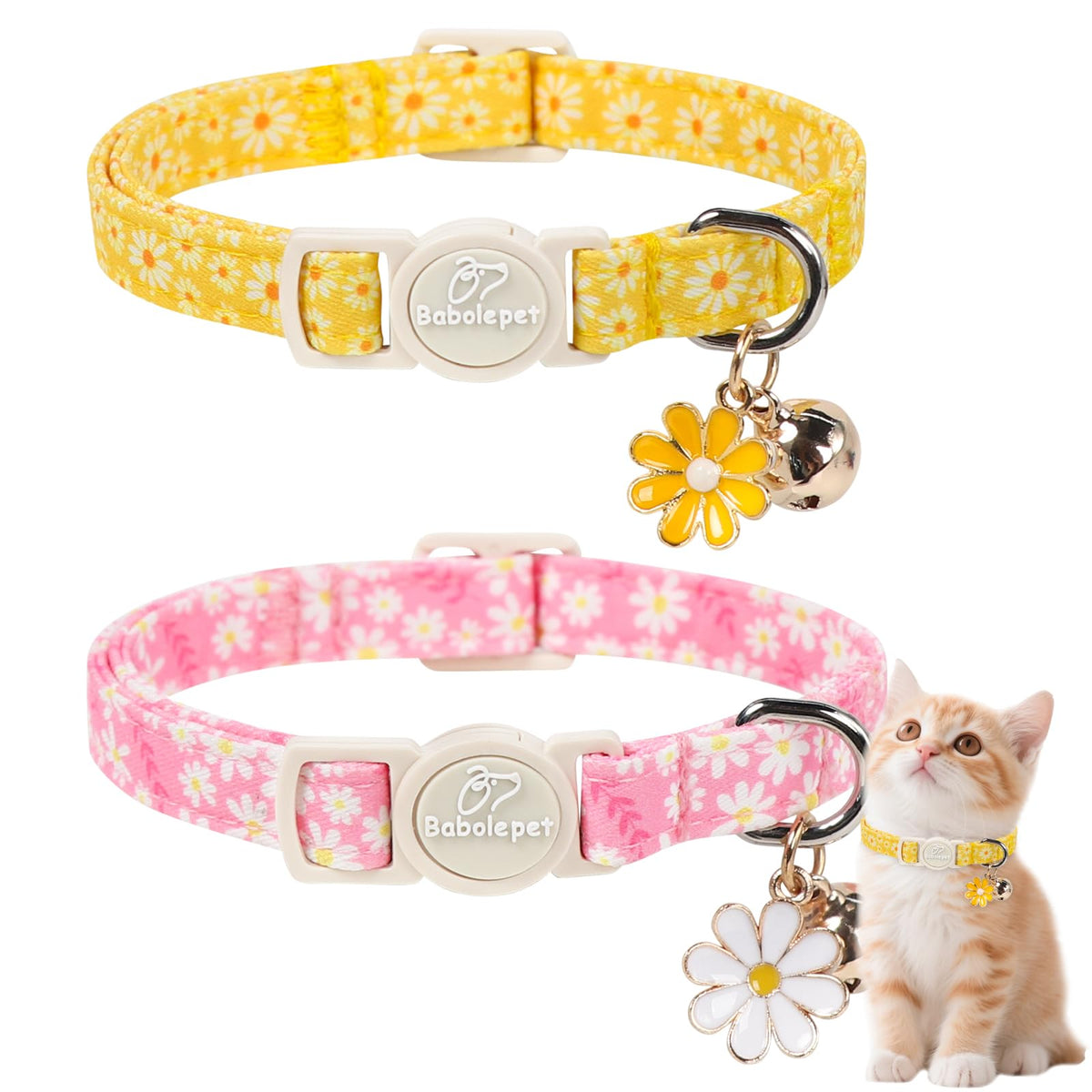Babole Pet 2 Pack Cat Collars - Cute Breakaway Cat Collar with Bell and Paw Pendant, Soft Adjustable Kitten Collars for Girl Boy Cats