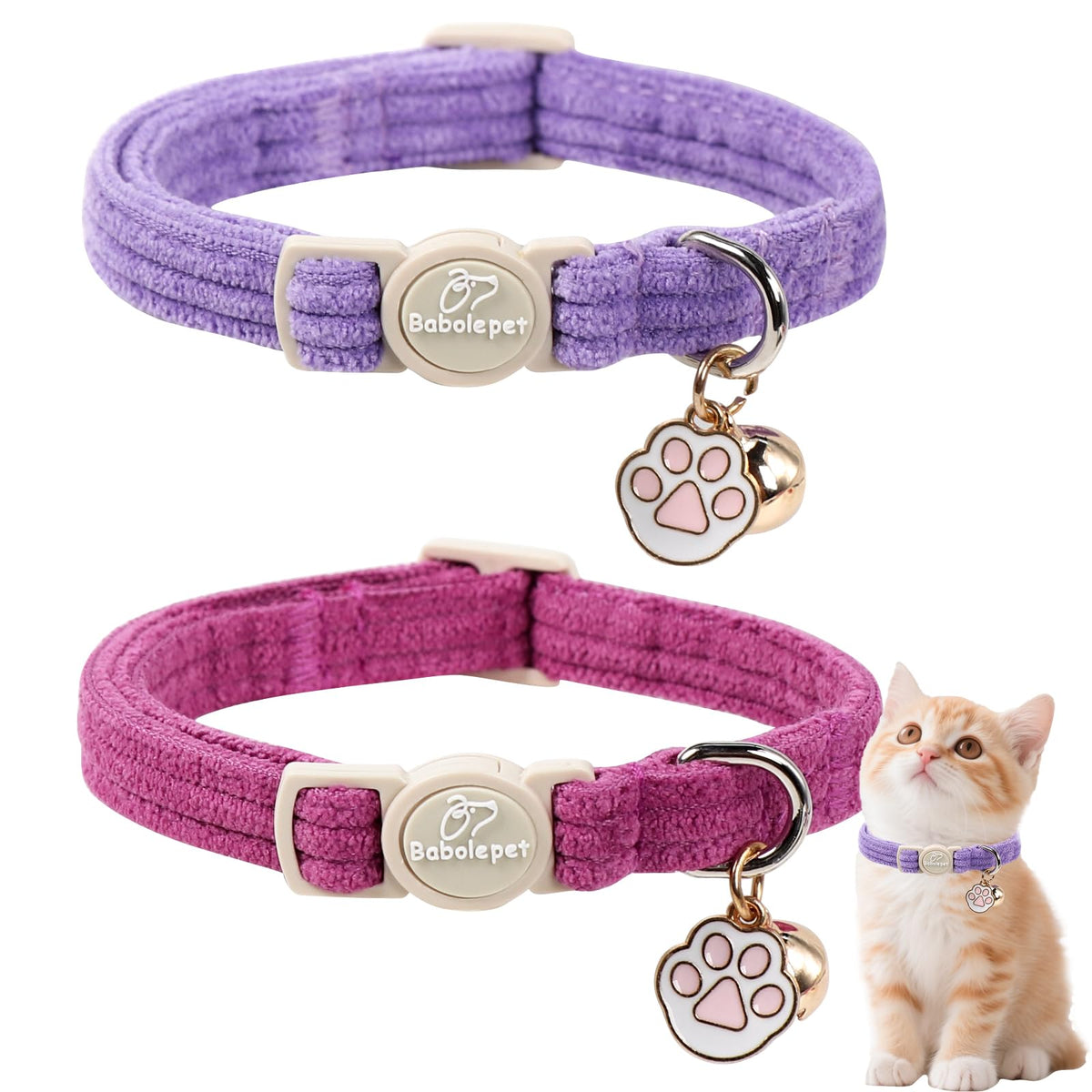 Babole Pet 2 Pack Cat Collars - Cute Breakaway Cat Collar with Bell and Paw Pendant, Soft Adjustable Kitten Collars for Girl Boy Cats