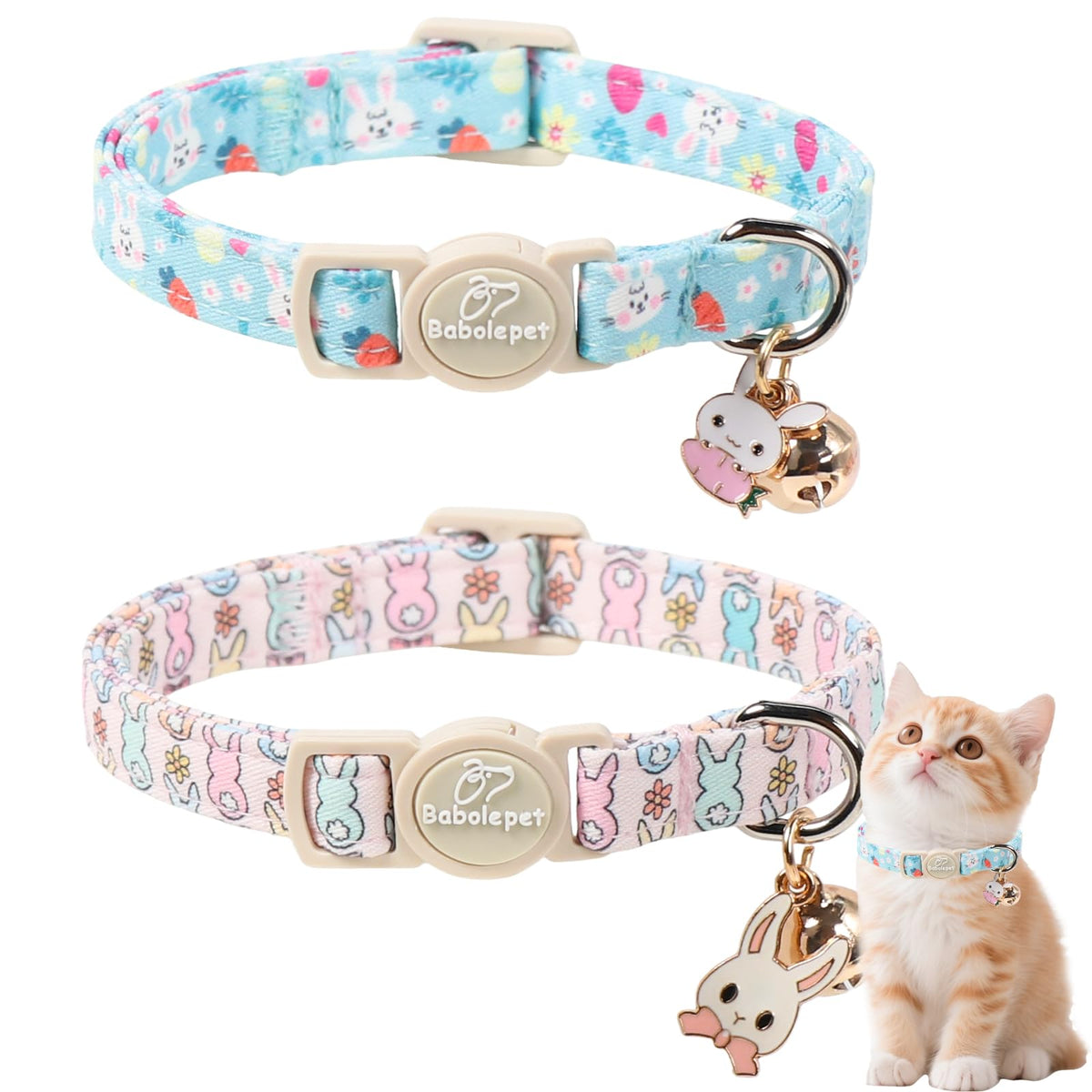 Babole Pet 2 Pack Cat Collars - Cute Breakaway Cat Collar with Bell and Paw Pendant, Soft Adjustable Kitten Collars for Girl Boy Cats