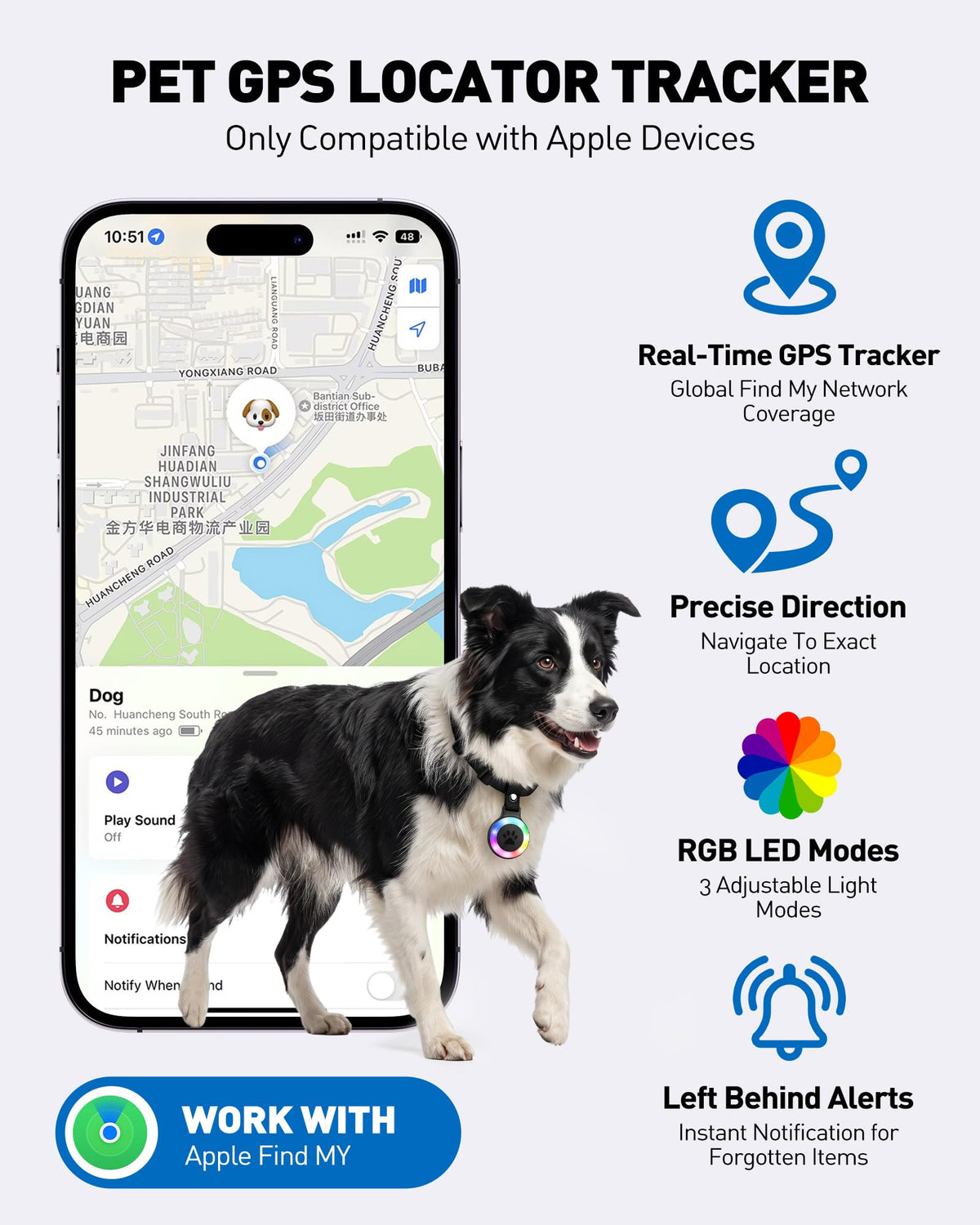 Pet Tracker for Cats and Dogs, Works with Apple Find My, No Monthly Fee