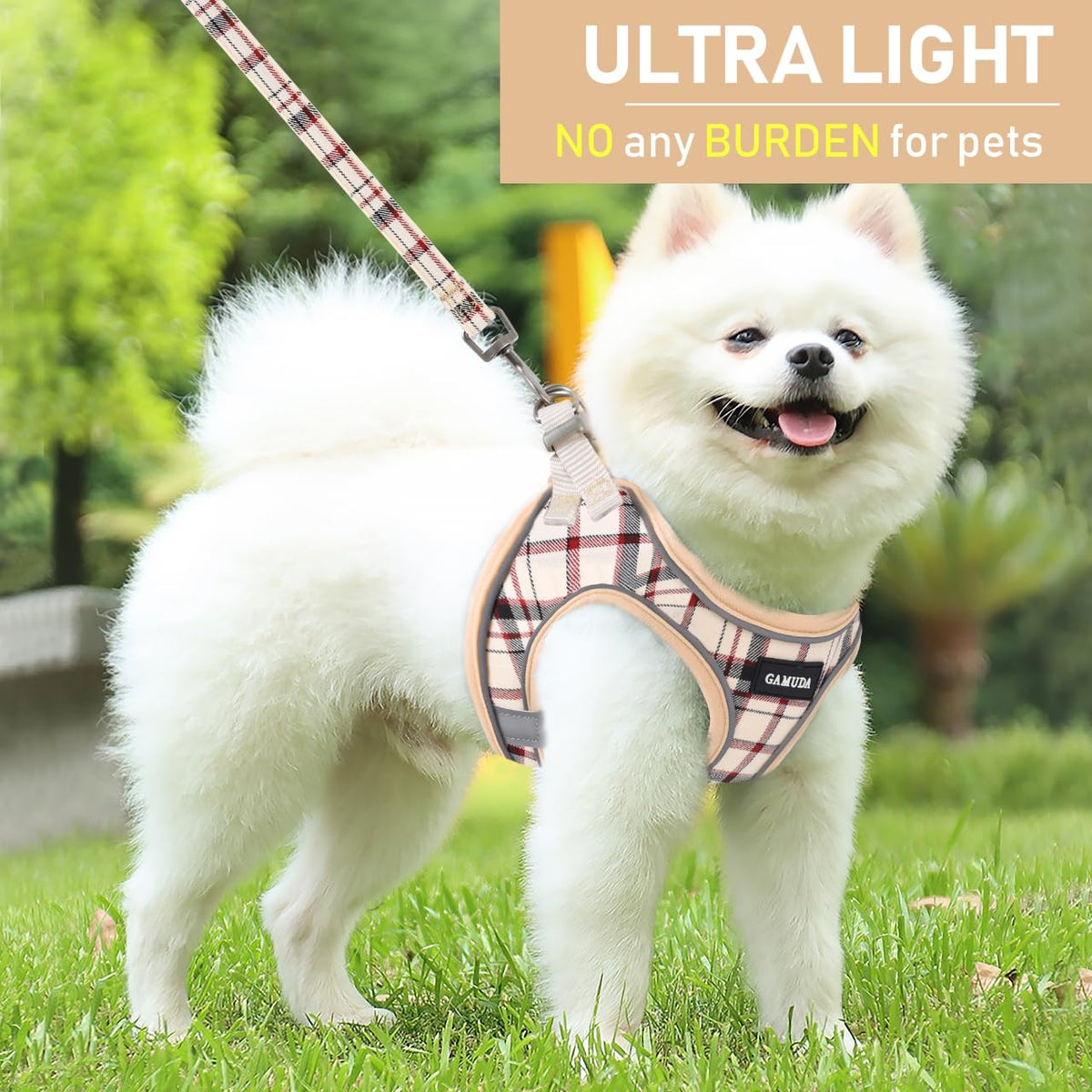 GAMUDA Small Pet Harness Collar and Leash Set, Step in No Chock No Pull Soft Mesh Adjustable Dog Vest Harnesses Plaid Reflective for Dogs Puppy Cats Kitten Rabbit