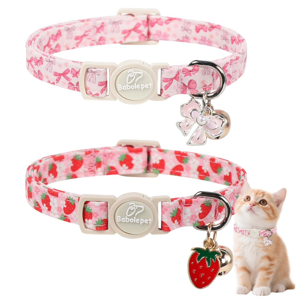 Babole Pet 2 Pack Cat Collars - Cute Breakaway Cat Collar with Bell and Paw Pendant, Soft Adjustable Kitten Collars for Girl Boy Cats