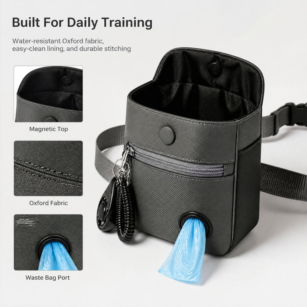 Meirivrn Dog Treat Pouch and Dog Training Clicker, Waterproof Dog Training Treat Bag with Magnetic Closure, Poop Bag Dispenser, Adjustable Waist Belt and Shoulder Strap