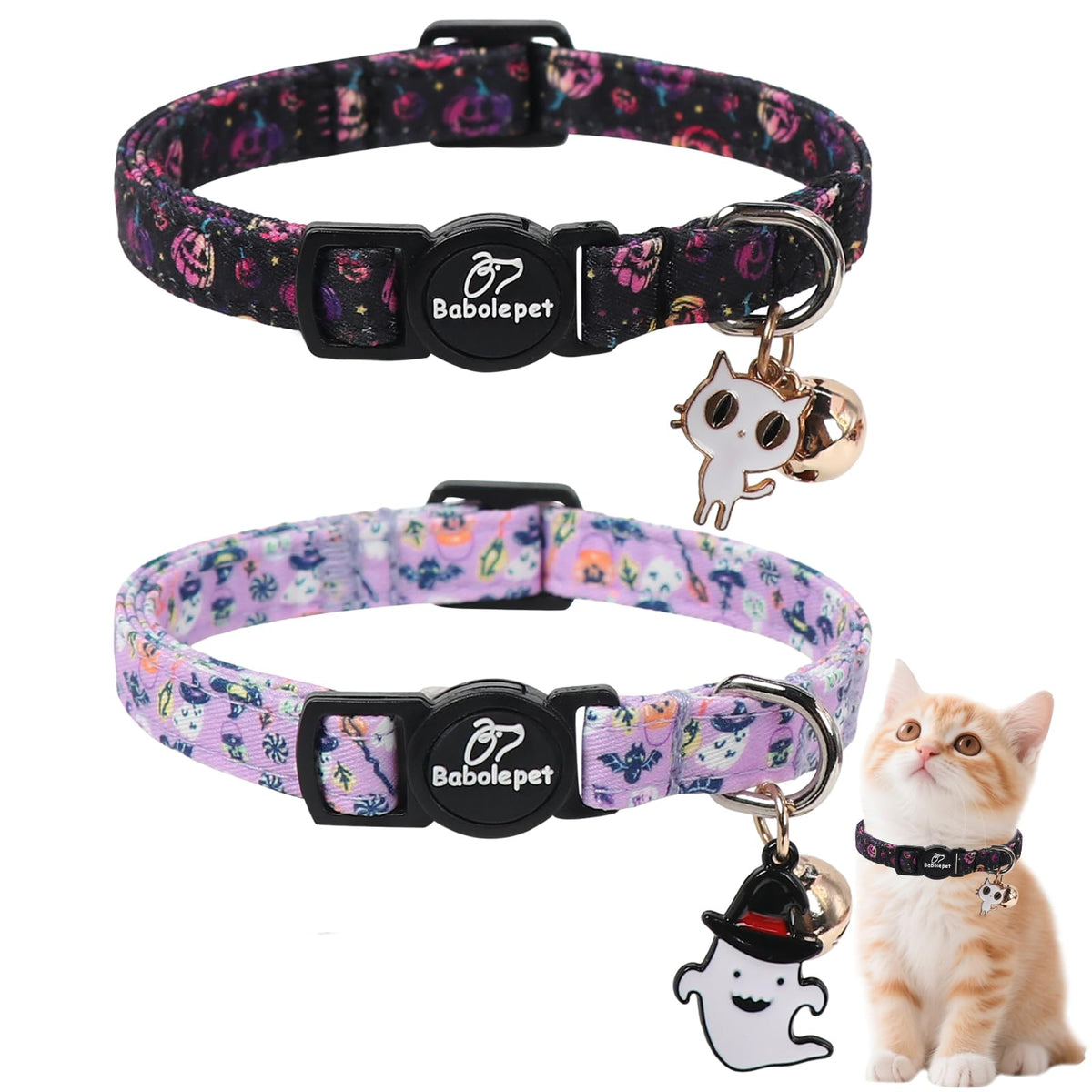 Babole Pet 2 Pack Cat Collars - Cute Breakaway Cat Collar with Bell and Paw Pendant, Soft Adjustable Kitten Collars for Girl Boy Cats