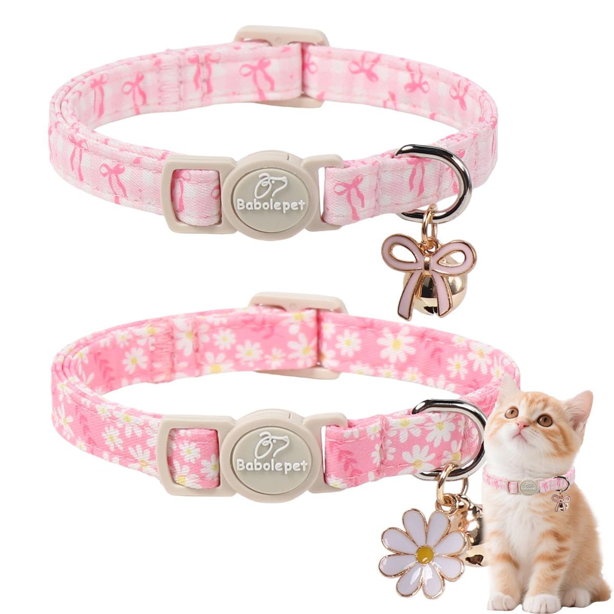 Babole Pet 2 Pack Cat Collars - Cute Breakaway Cat Collar with Bell and Paw Pendant, Soft Adjustable Kitten Collars for Girl Boy Cats