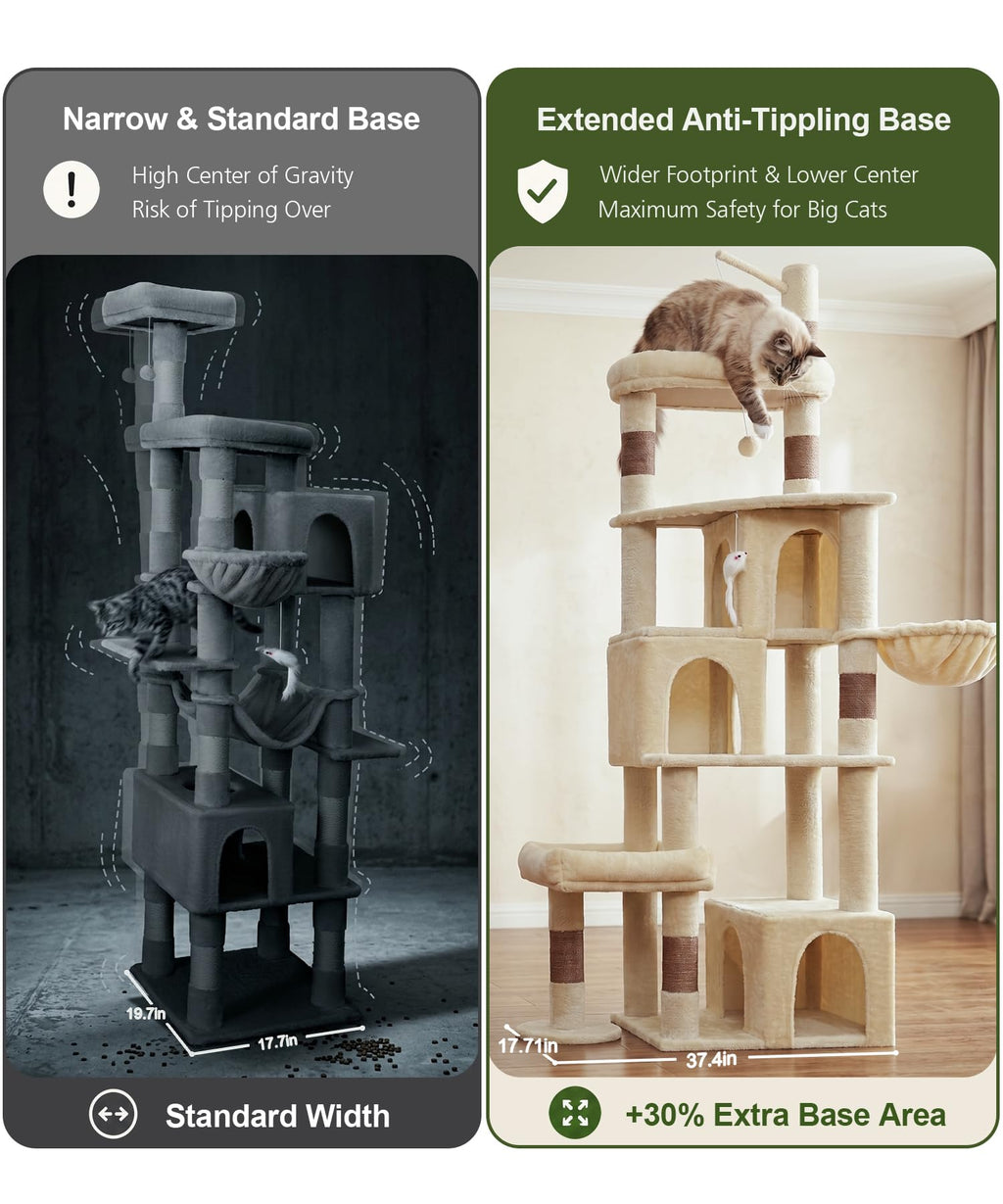 LIKISAK Heavy Duty Cat Tree for Indoor Cat, 74 Inch Cat Tower with Scratching Post, Hanging Basket, Cat Condo with Large Platform for Large Cats