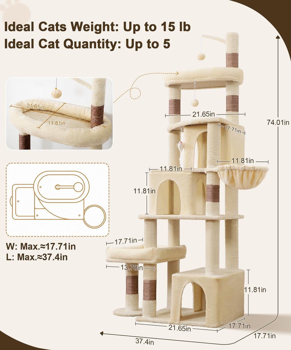 LIKISAK Heavy Duty Cat Tree for Indoor Cat, 74 Inch Cat Tower with Scratching Post, Hanging Basket, Cat Condo with Large Platform for Large Cats