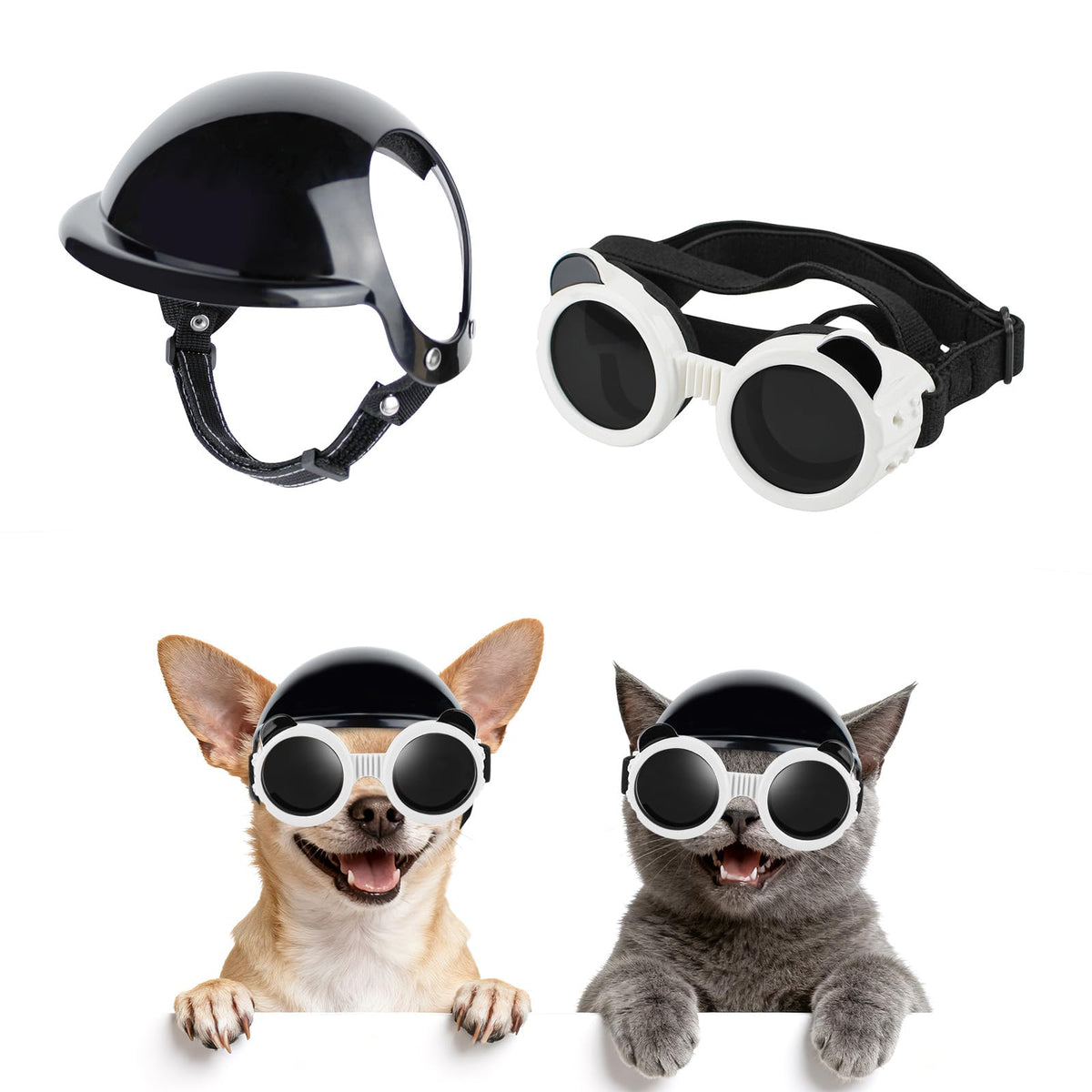 BillionChains Dog Helmet and Goggles for Small Dogs - Pet Motorcycle Hat With Ear Holes, Adjustable Straps, Safety for Puppy Riding
