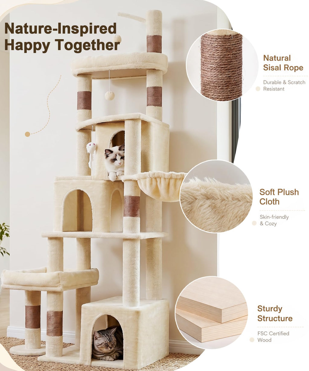 LIKISAK Heavy Duty Cat Tree for Indoor Cat, 74 Inch Cat Tower with Scratching Post, Hanging Basket, Cat Condo with Large Platform for Large Cats