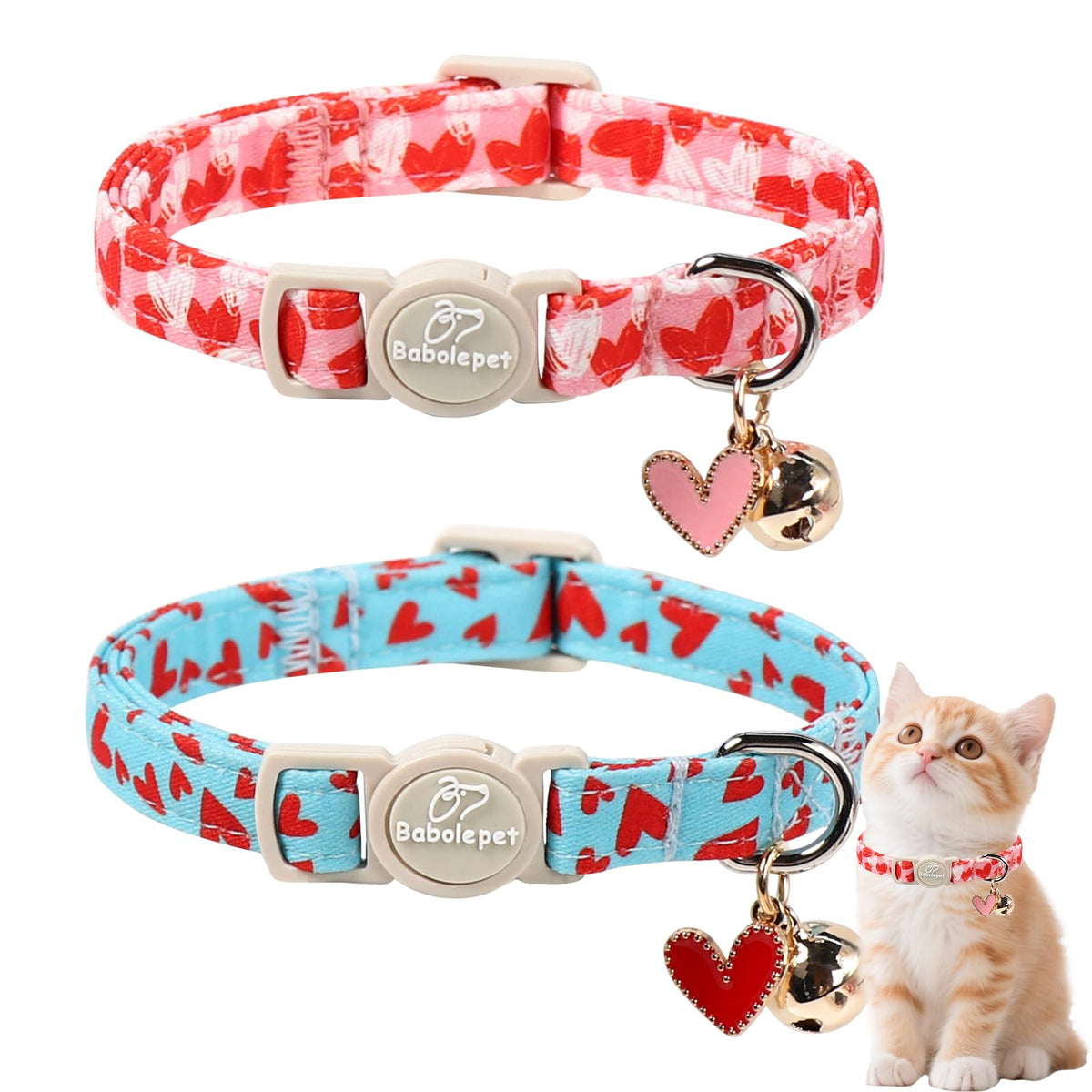Babole Pet 2 Pack Cat Collars - Cute Breakaway Cat Collar with Bell and Paw Pendant, Soft Adjustable Kitten Collars for Girl Boy Cats