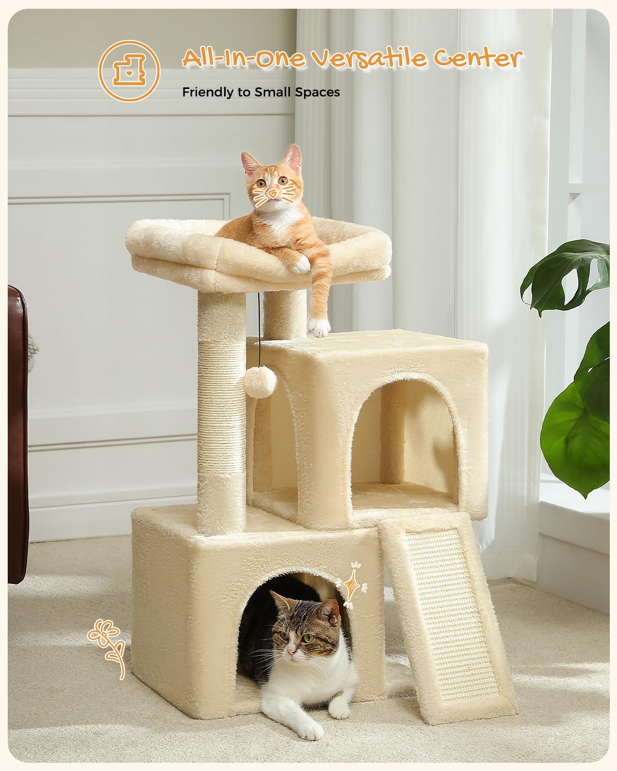 PAWZ Road Cat Tree, Cat Tower with Dual Condos for Adult Cats,Enlarged Top Perch, Scratching Posts&Pad for Indoor Cats