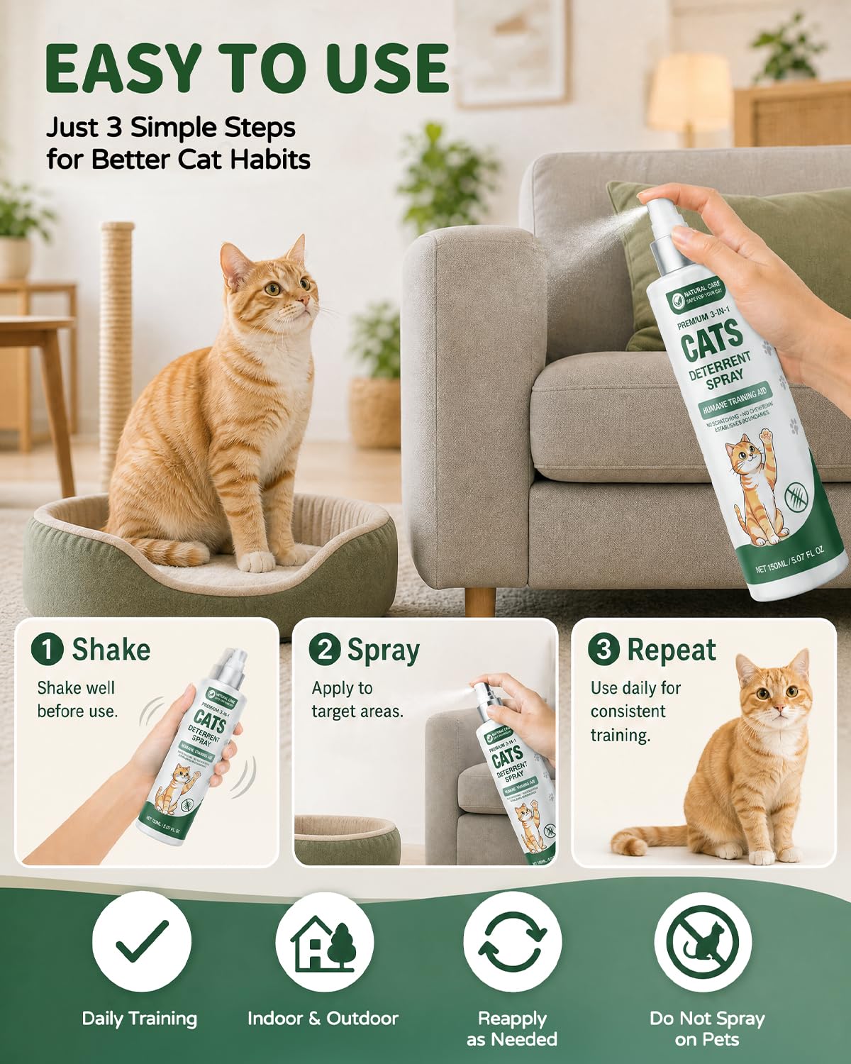 Cat Deterrent Spray for Furniture, Plant-Based Indoor & Outdoor, 5.07 fl oz