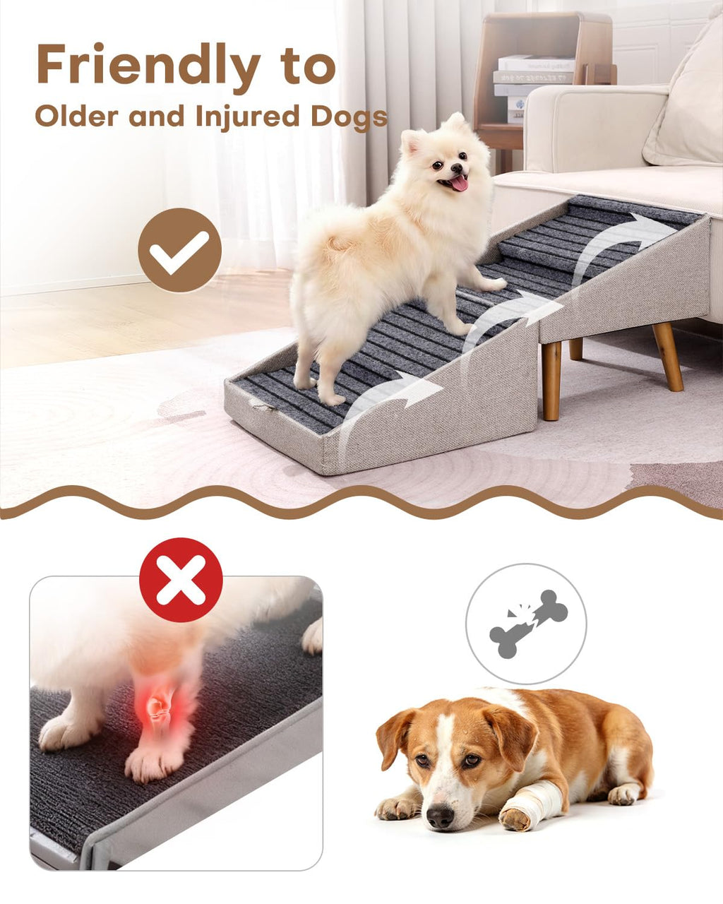 Dog Ramp for Bed & Couch, Dog Stairs 21.06 inches High for Large/Medium/Small Doggie,Split Ottoman Foldable 2 in 1 Wooden Pet Steps for Older and Injured Dogs, No-Slip Surface