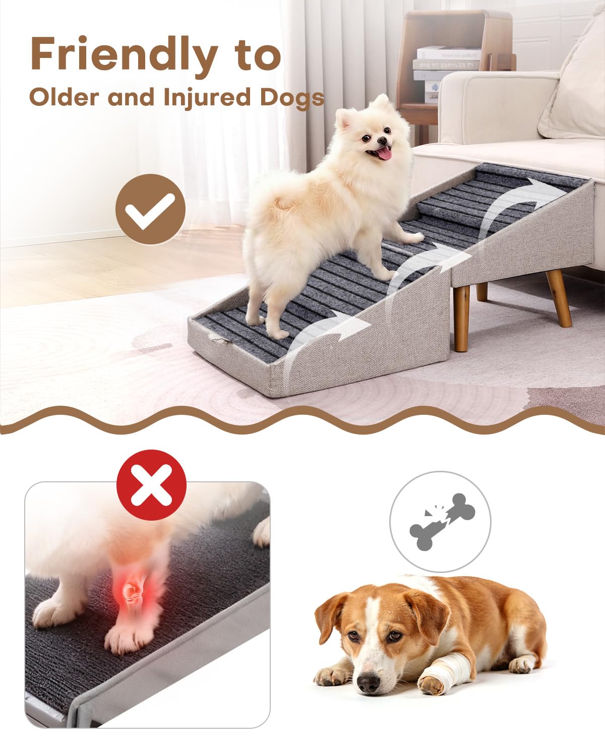 Dog Ramp for Bed & Couch, Dog Stairs 21.06 inches High for Large/Medium/Small Doggie,Split Ottoman Foldable 2 in 1 Wooden Pet Steps for Older and Injured Dogs, No-Slip Surface