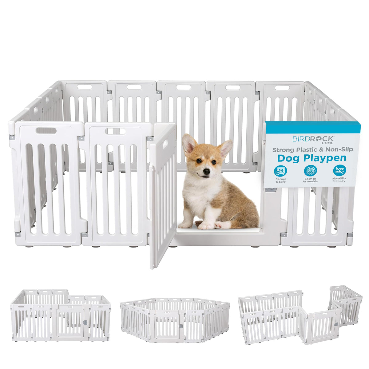BIRDROCK HOME Dog Playpen w/Door, 12 Panel, 25.6in H | Strong Plastic, Non-Slip Puppy Playpen, Secure Pet Gate | Indoor Outdoor Fence | Configurable Panels | Small to Medium Pets
