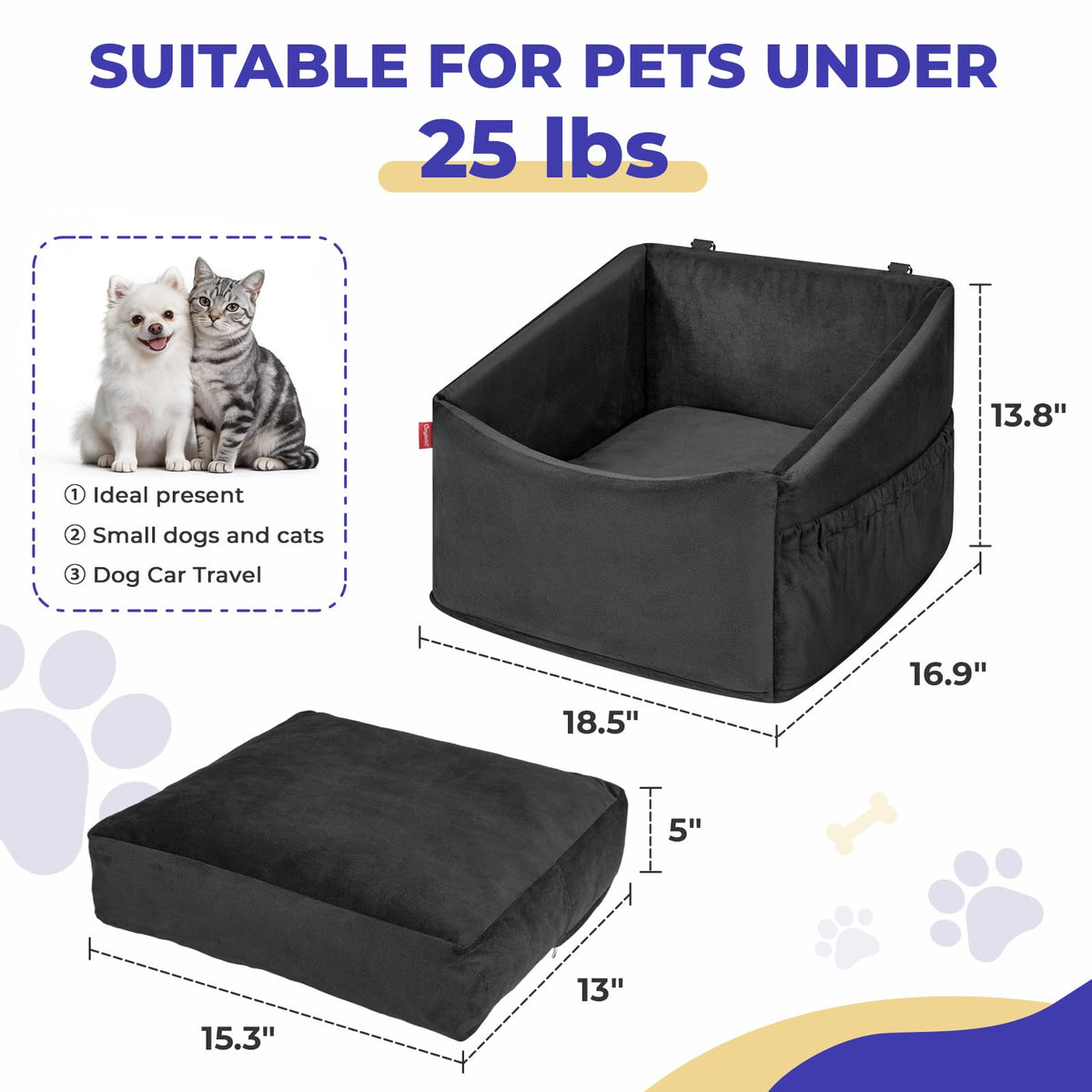 BurgeonNest Dog Car Seat for Small Dogs Under 25 lbs, Puppy Booster Car Seat Fully Detachable and Washable Dog Bed with Storage Pockets Portable Carrier