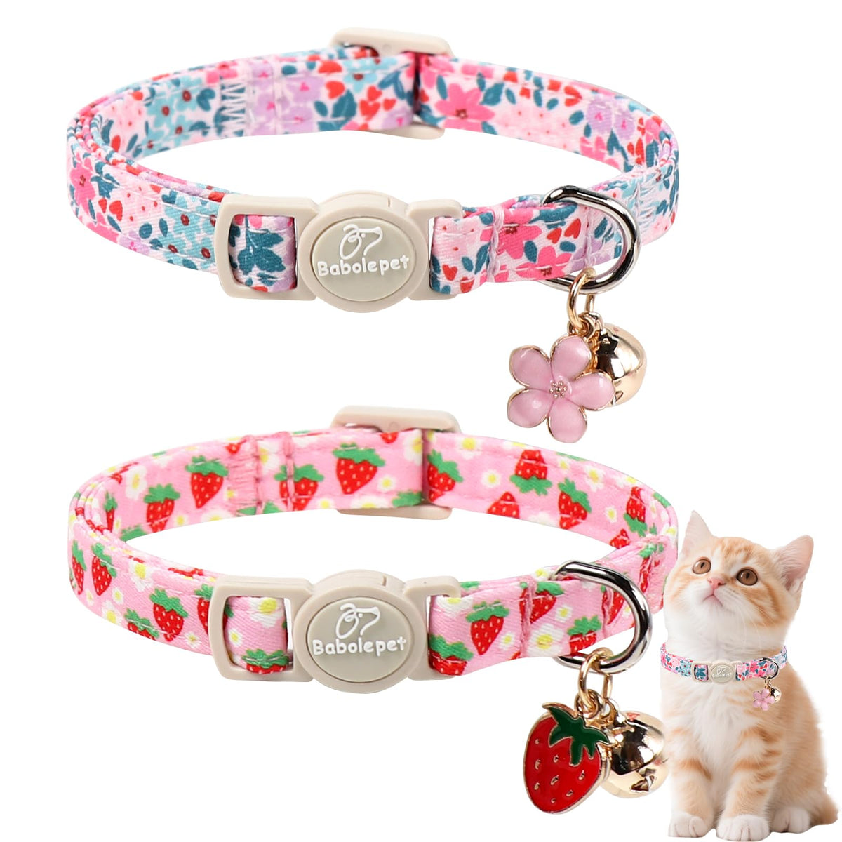 Babole Pet 2 Pack Cat Collars - Cute Breakaway Cat Collar with Bell and Paw Pendant, Soft Adjustable Kitten Collars for Girl Boy Cats