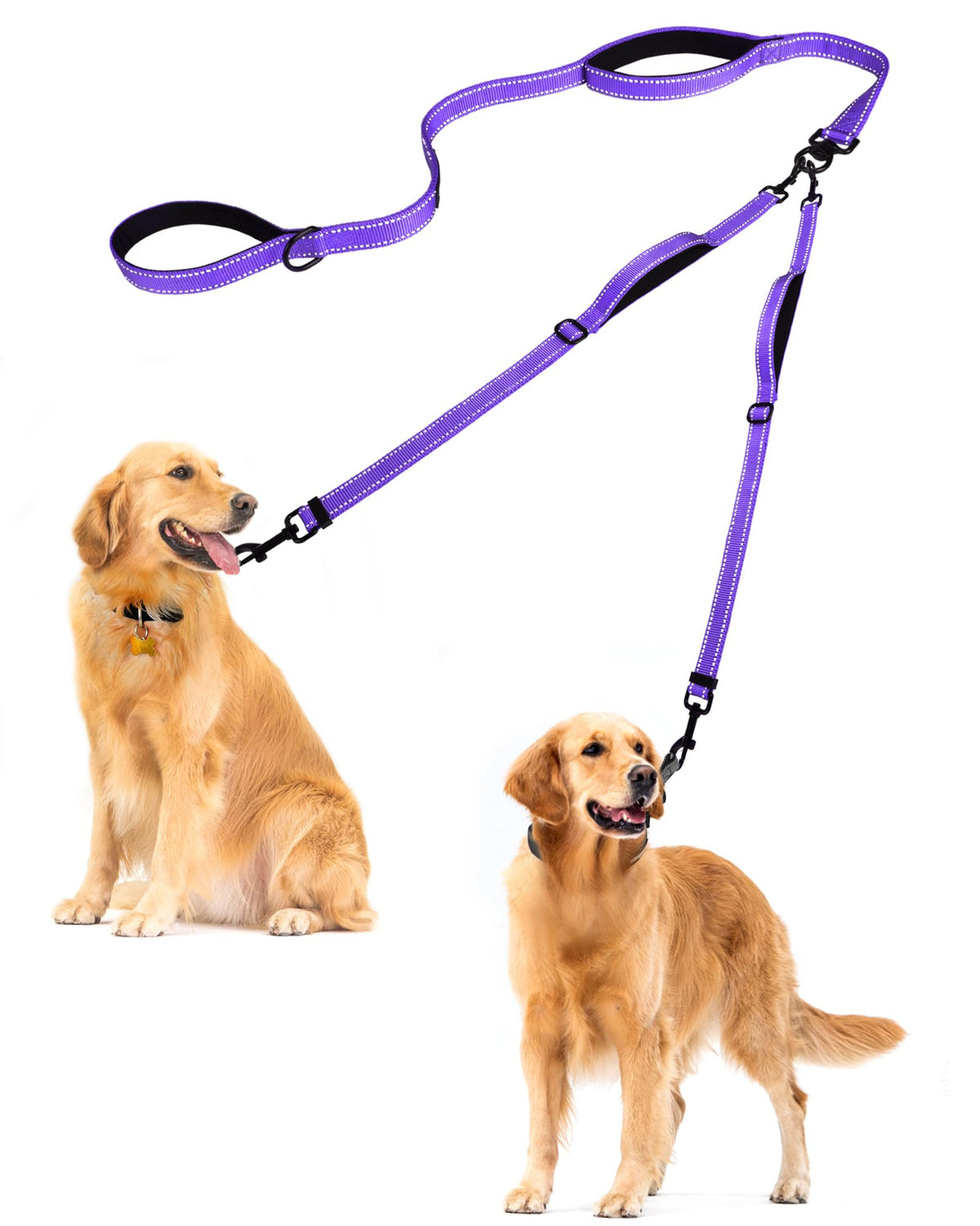 PetBonus Double Dog Leash, No Tangle Dual Leash, Reflective Walking Training Lead, 4 Comfortable Padded Handles for 2 Dogs with Collapsible Bowl and Waste Bags