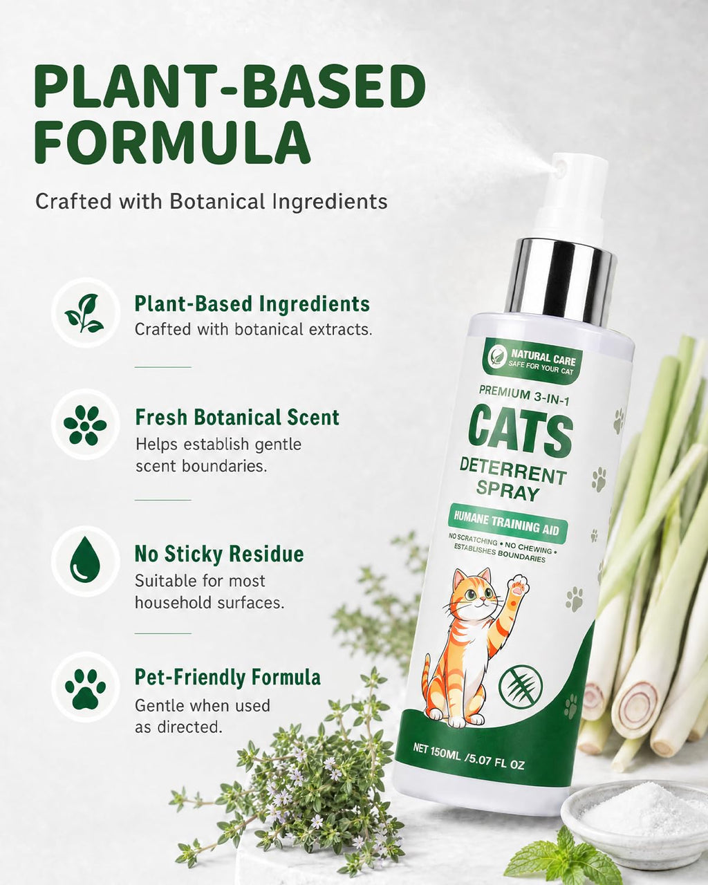 Cat Deterrent Spray for Furniture, Plant-Based Indoor & Outdoor, 5.07 fl oz