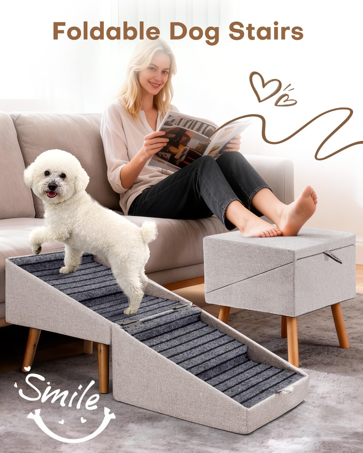 Dog Ramp for Bed & Couch, Dog Stairs 21.06 inches High for Large/Medium/Small Doggie,Split Ottoman Foldable 2 in 1 Wooden Pet Steps for Older and Injured Dogs, No-Slip Surface