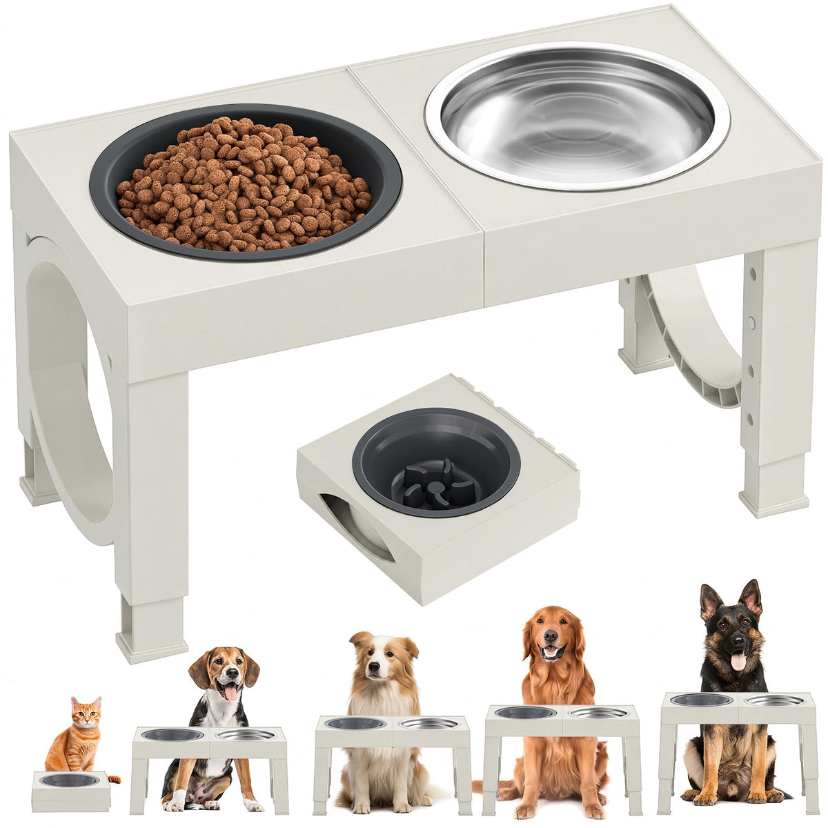 XIAZ Elevated Dog Bowls for Medium/Large Breeds, 4 Height-Adjustable Stainless Steel Dog Food & Water Bowls, No-Slip Portable Feeder for Travel
