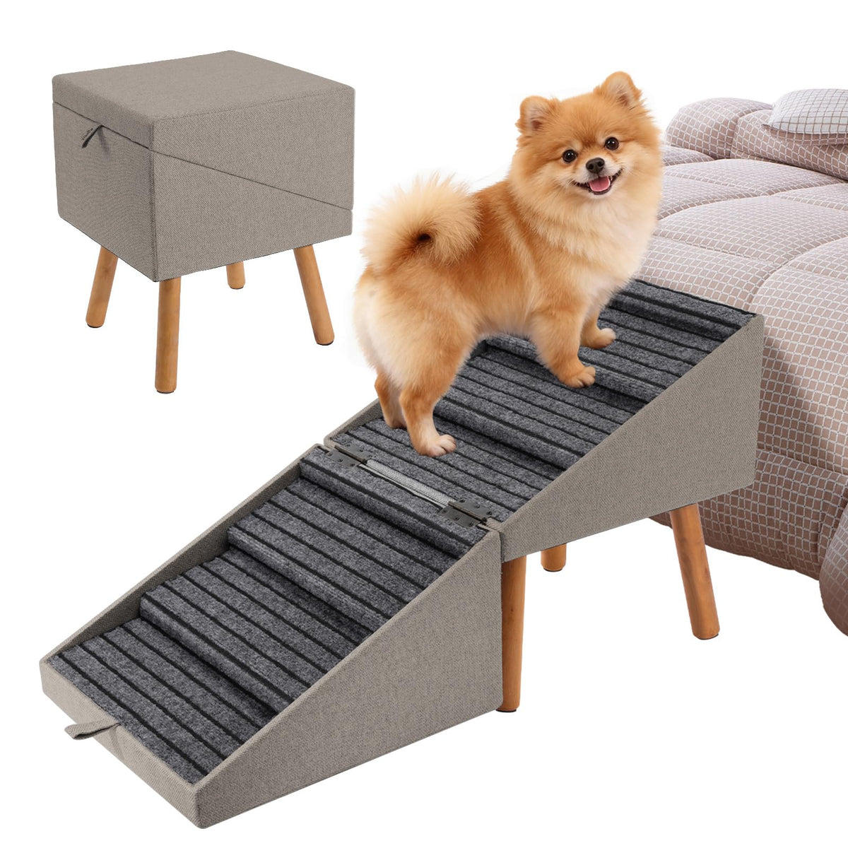 Dog Ramp for Bed & Couch, Dog Stairs 21.06 inches High for Large/Medium/Small Doggie,Split Ottoman Foldable 2 in 1 Wooden Pet Steps for Older and Injured Dogs, No-Slip Surface