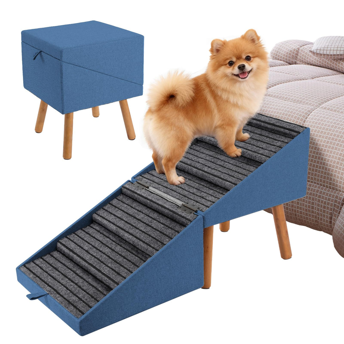 Dog Ramp for Bed & Couch, Dog Stairs 21.06 inches High for Large/Medium/Small Doggie,Split Ottoman Foldable 2 in 1 Wooden Pet Steps for Older and Injured Dogs, No-Slip Surface