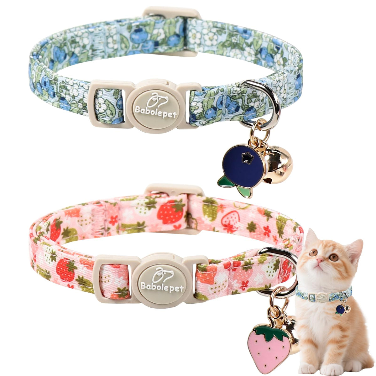 Babole Pet 2 Pack Cat Collars - Cute Breakaway Cat Collar with Bell and Paw Pendant, Soft Adjustable Kitten Collars for Girl Boy Cats