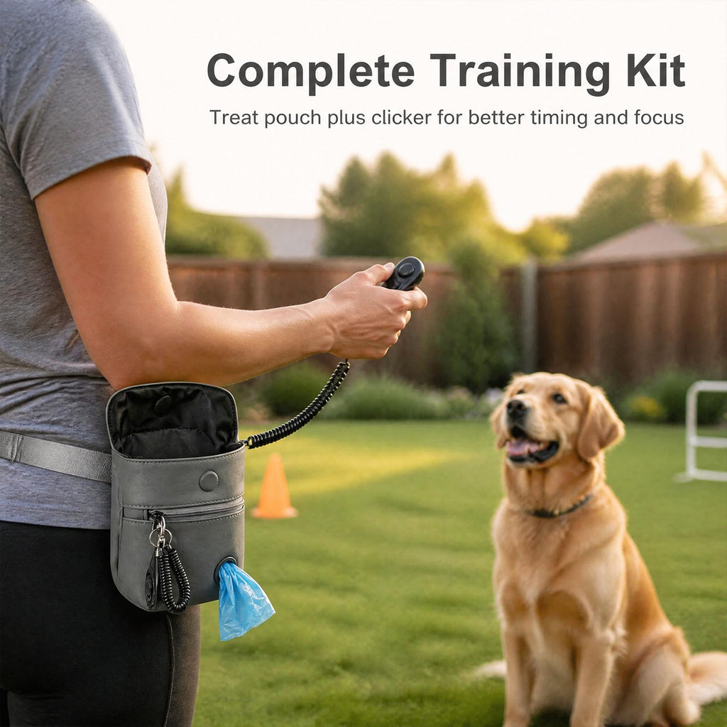 Meirivrn Dog Treat Pouch and Dog Training Clicker, Waterproof Dog Training Treat Bag with Magnetic Closure, Poop Bag Dispenser, Adjustable Waist Belt and Shoulder Strap