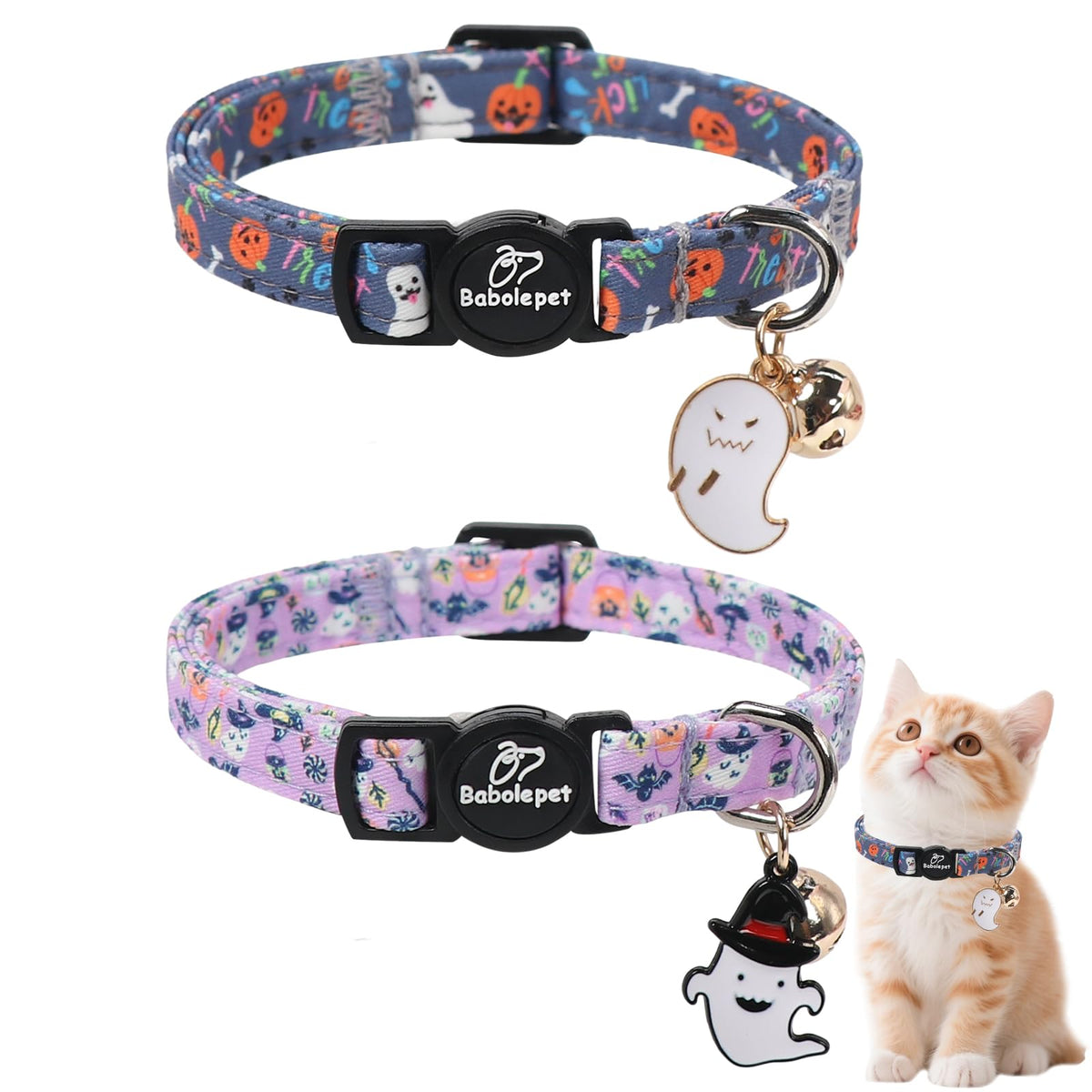 Babole Pet 2 Pack Cat Collars - Cute Breakaway Cat Collar with Bell and Paw Pendant, Soft Adjustable Kitten Collars for Girl Boy Cats