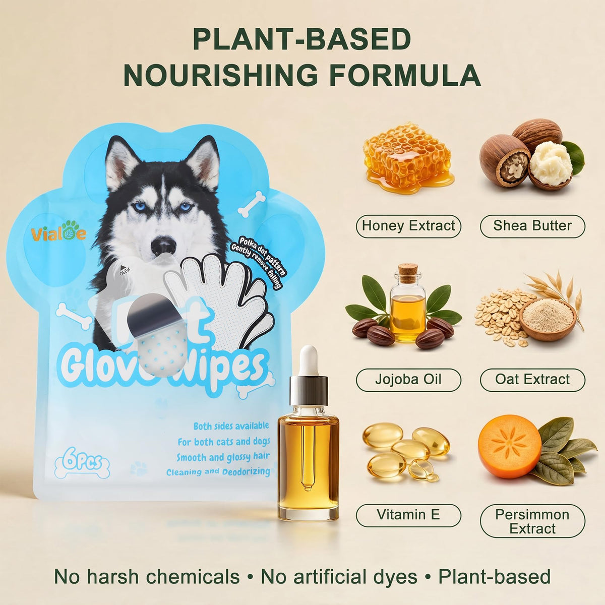 Vialoe 4-in-1 Pet Grooming Glove Wipes – Deshedding, Cleaning, Massage & Coat Care – Removes Loose Fur, Dirt & Odor – Honey, Shea Butter & Oat – 5X Moisture – Waterless Dog & Cat Bath