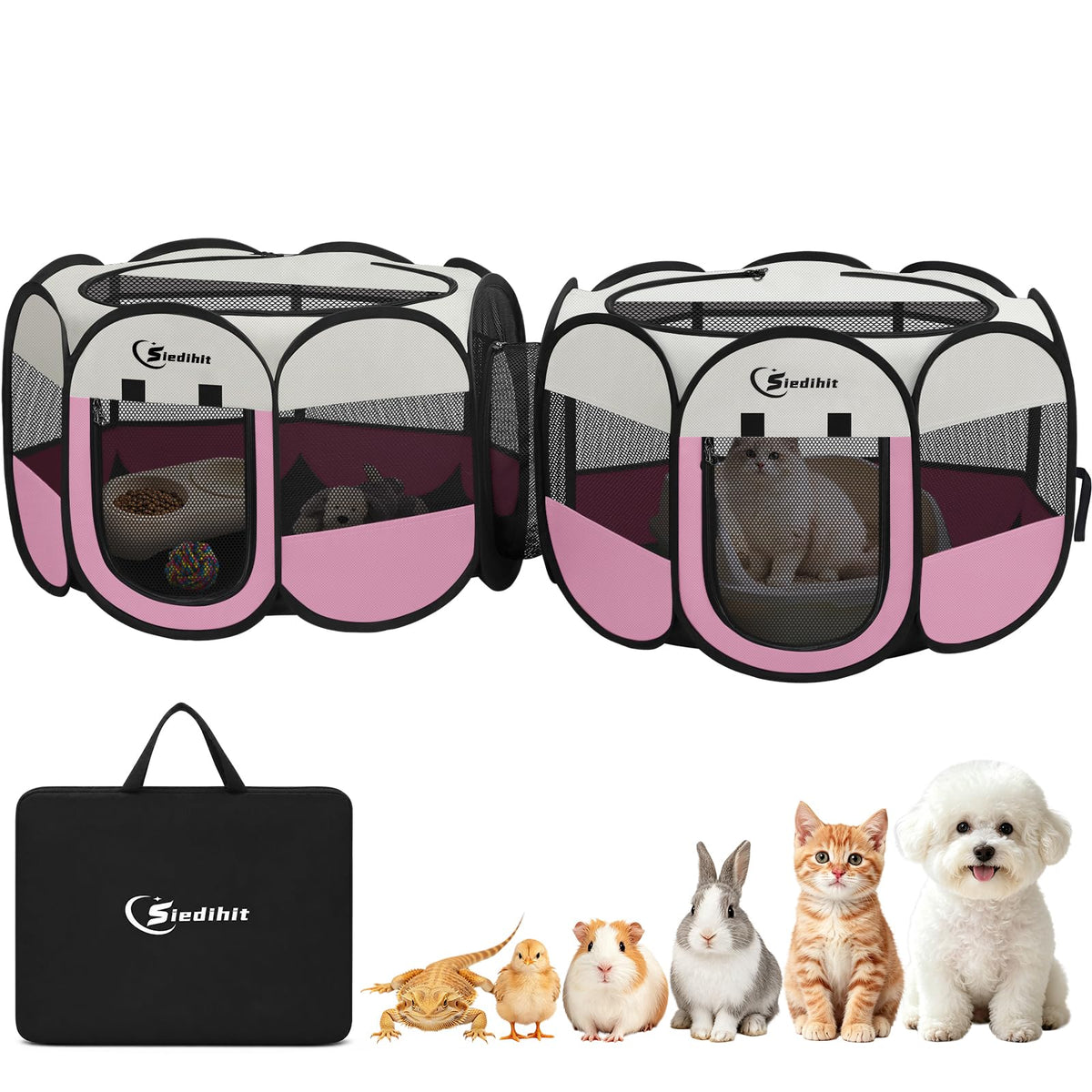 Pink Puppy Playpen for Middle Dog Cat, Dogs Tent Crate Cage Indoor/Outdoor, Portable Pop Up Dog Kennel with Carrying Bag for Rabbits, Removable Top
