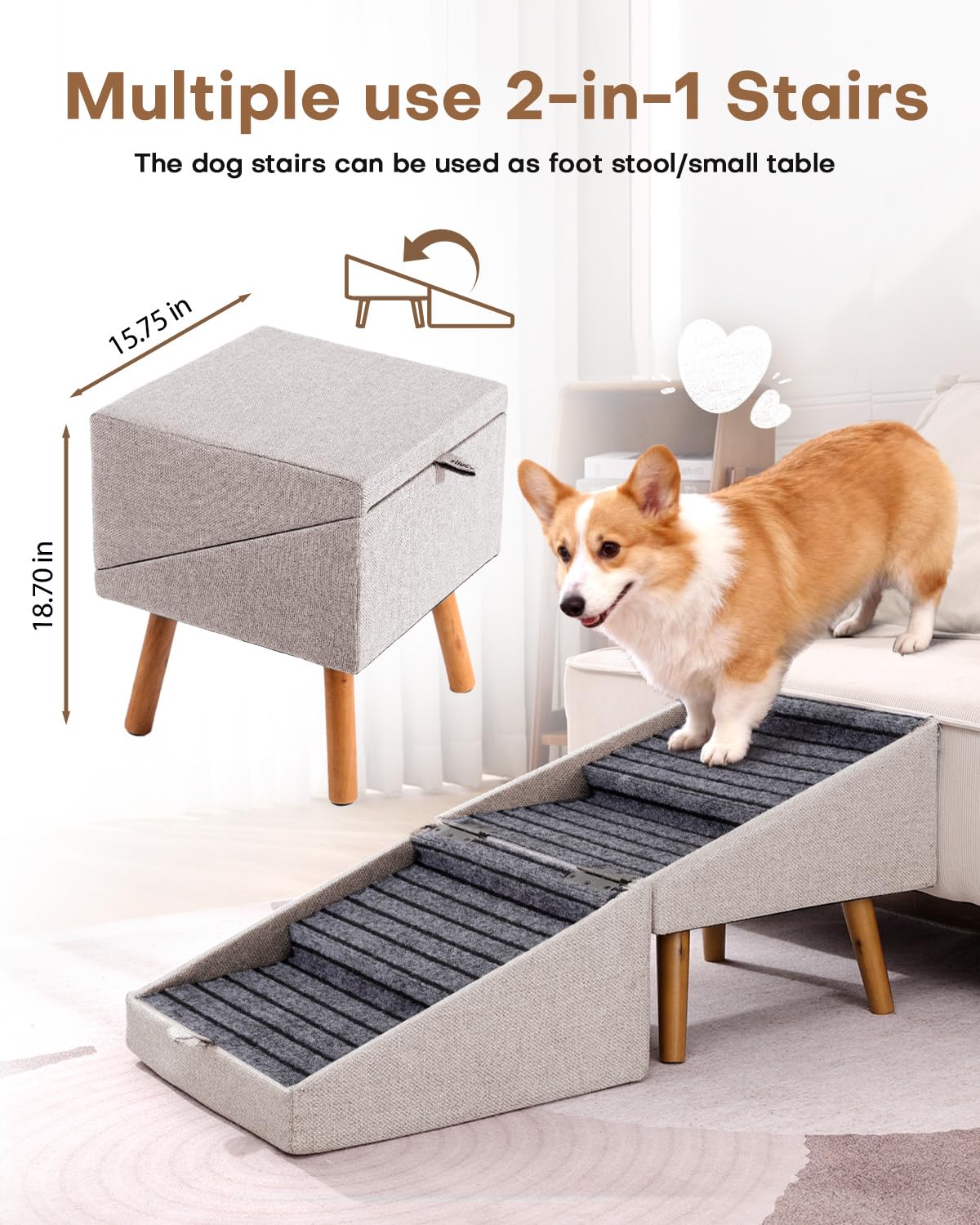 Dog Ramp for Bed & Couch, Dog Stairs 21.06 inches High for Large/Medium/Small Doggie,Split Ottoman Foldable 2 in 1 Wooden Pet Steps for Older and Injured Dogs, No-Slip Surface