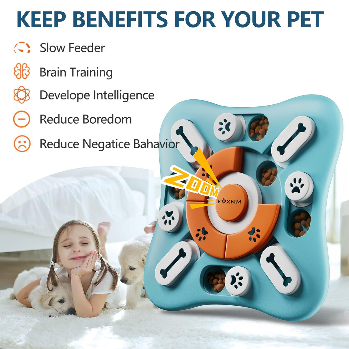 FOXMM Interactive Dog Treat Puzzle Toys for IQ Training & Mental Stimulating,Fun Slow Feeder,Large Medium Small Dogs Enrichment Toys with Squeak Design