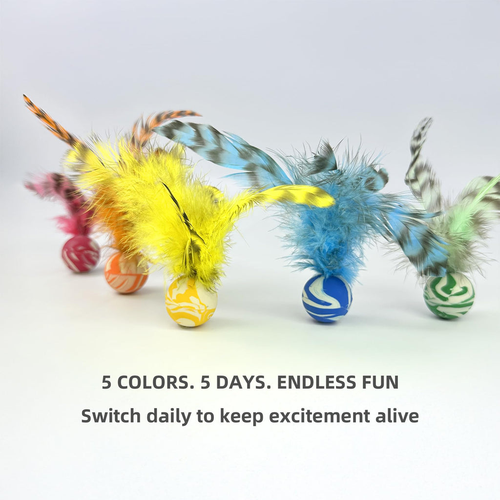 ZAYLUMO Feather Chase & Fetch Balls for Indoor Cats – 5 Pack Durable Rubber Cat Toys with Natural Feathers, Interactive Exercise & Hunting Play, Bouncy Balls for Active Kittens and Adult Cats