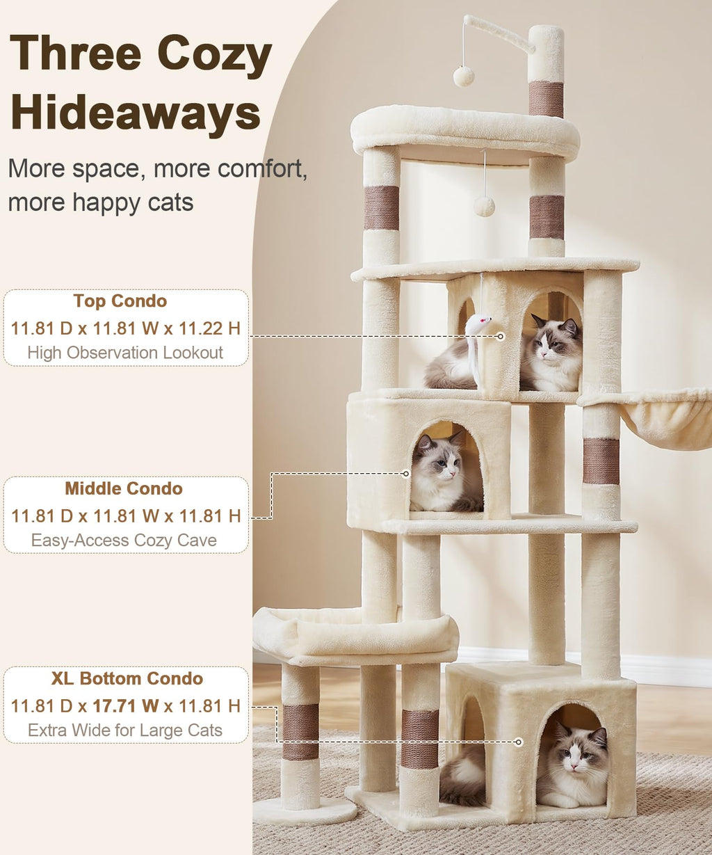 LIKISAK Heavy Duty Cat Tree for Indoor Cat, 74 Inch Cat Tower with Scratching Post, Hanging Basket, Cat Condo with Large Platform for Large Cats