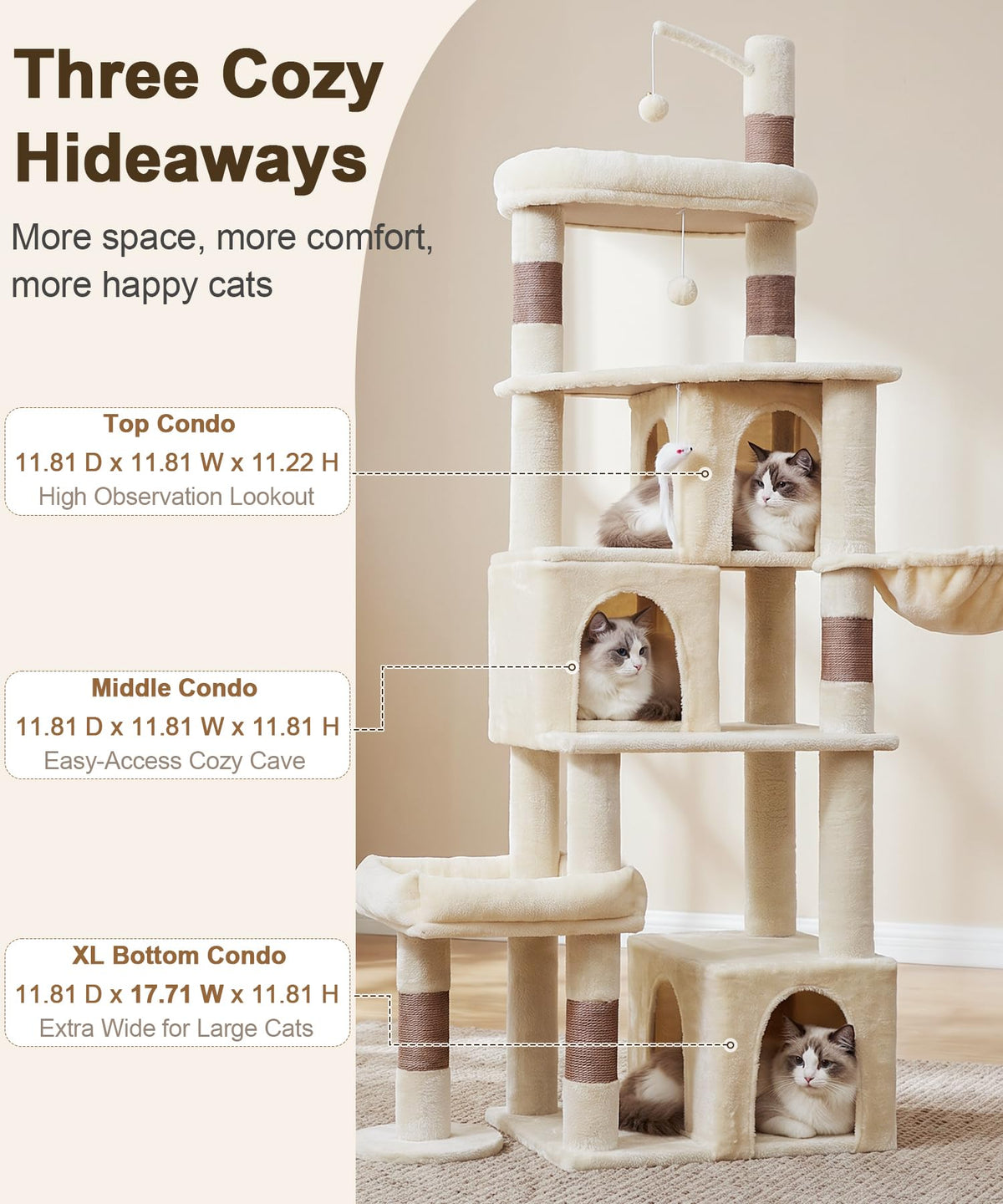 LIKISAK Heavy Duty Cat Tree for Indoor Cat, 74 Inch Cat Tower with Scratching Post, Hanging Basket, Cat Condo with Large Platform for Large Cats