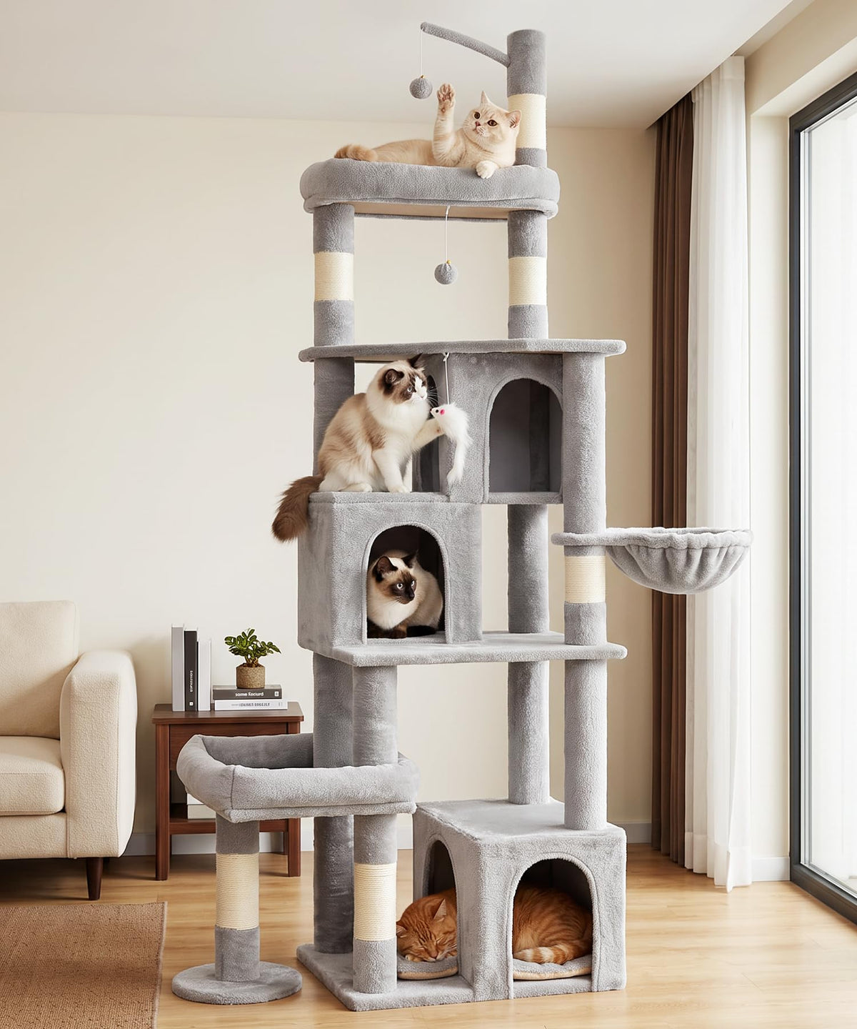 LIKISAK Heavy Duty Cat Tree for Indoor Cat, 74 Inch Cat Tower with Scratching Post, Hanging Basket, Cat Condo with Large Platform for Large Cats