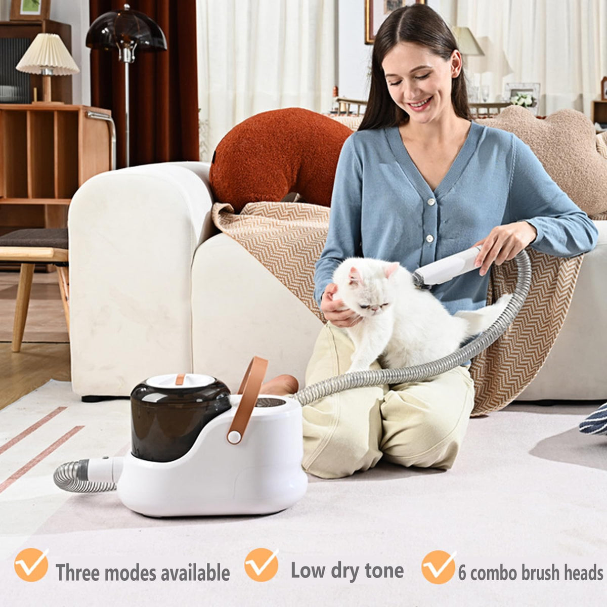 PJDDP Cat Dog Vacuum Brush for Shedding Grooming, Dog Hair Vacuum Groomer Suction 99% Pet Hair, Dog Grooming Kit with 6 Pet Hair Remover Tools for Shedding Dogs Cats Pet Hair at Home,Brown