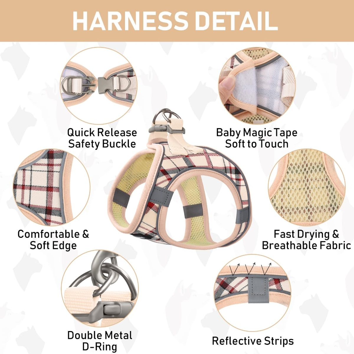 GAMUDA Small Pet Harness Collar and Leash Set, Step in No Chock No Pull Soft Mesh Adjustable Dog Vest Harnesses Plaid Reflective for Dogs Puppy Cats Kitten Rabbit
